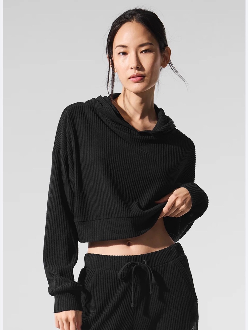 ALO Yoga Black Cropped Ribbed Hoodie Top
